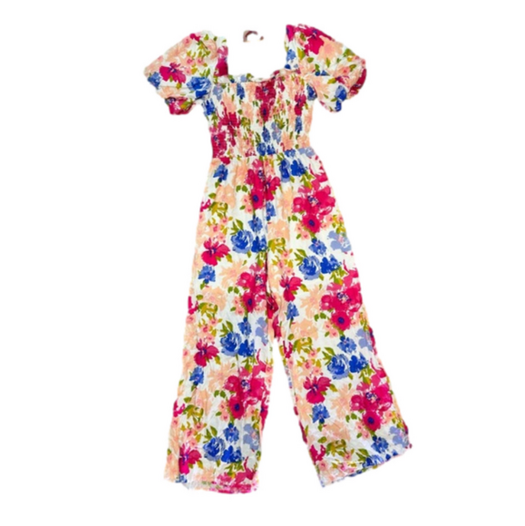 Skies Are Blue Pants - Skies Are Blue Floral Puffy Sleeve Smocked Square Neck Jumpsuit size XS